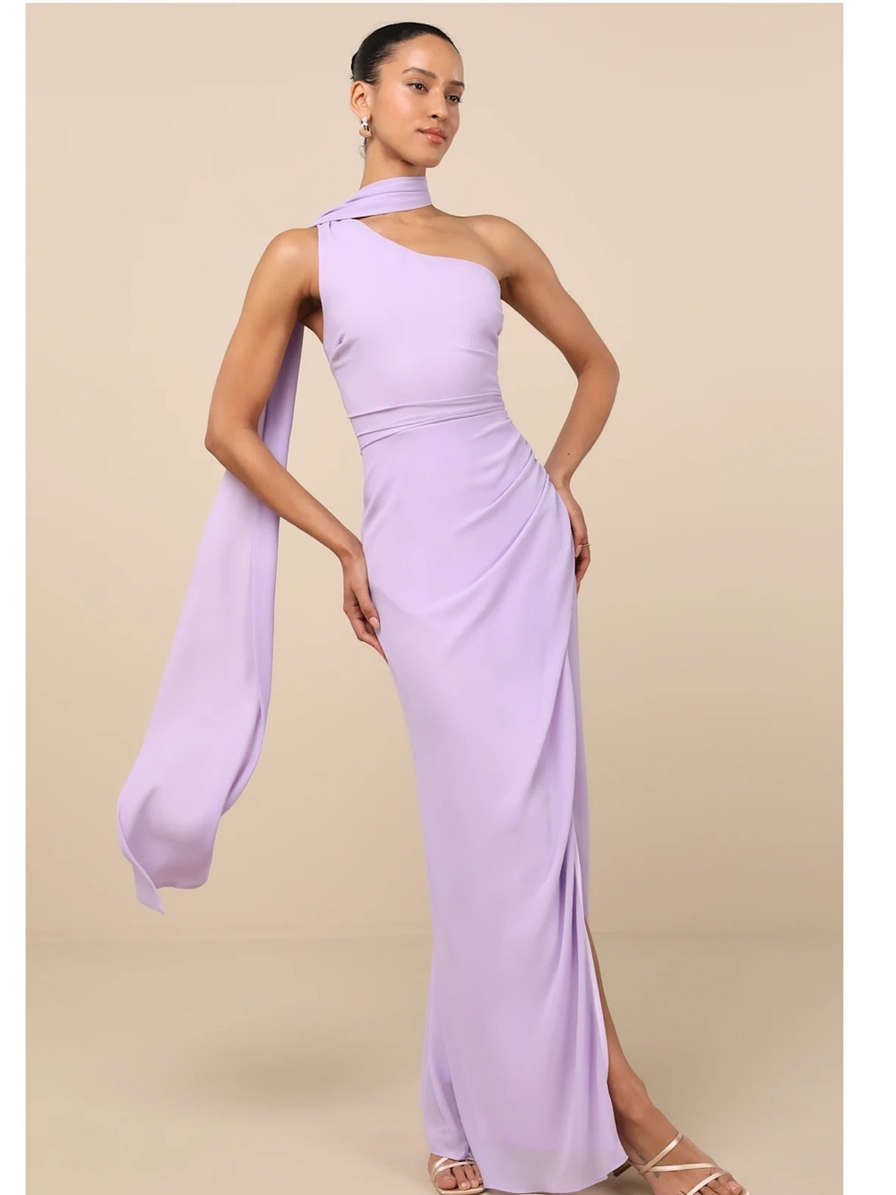Lulus Adeline Lavender One-Shoulder Scarf Column Ruched Chiffon Maxi Dress M